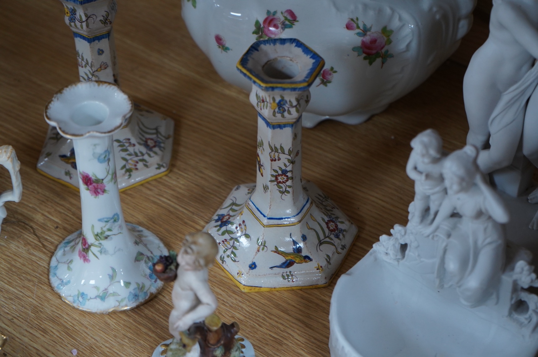 A bisque figure group of the Three Graces - 27cm high, a smaller smaller bisque figure, a pair of Vienna style coffee cans and saucers and a collection of mixed floral china. (22)